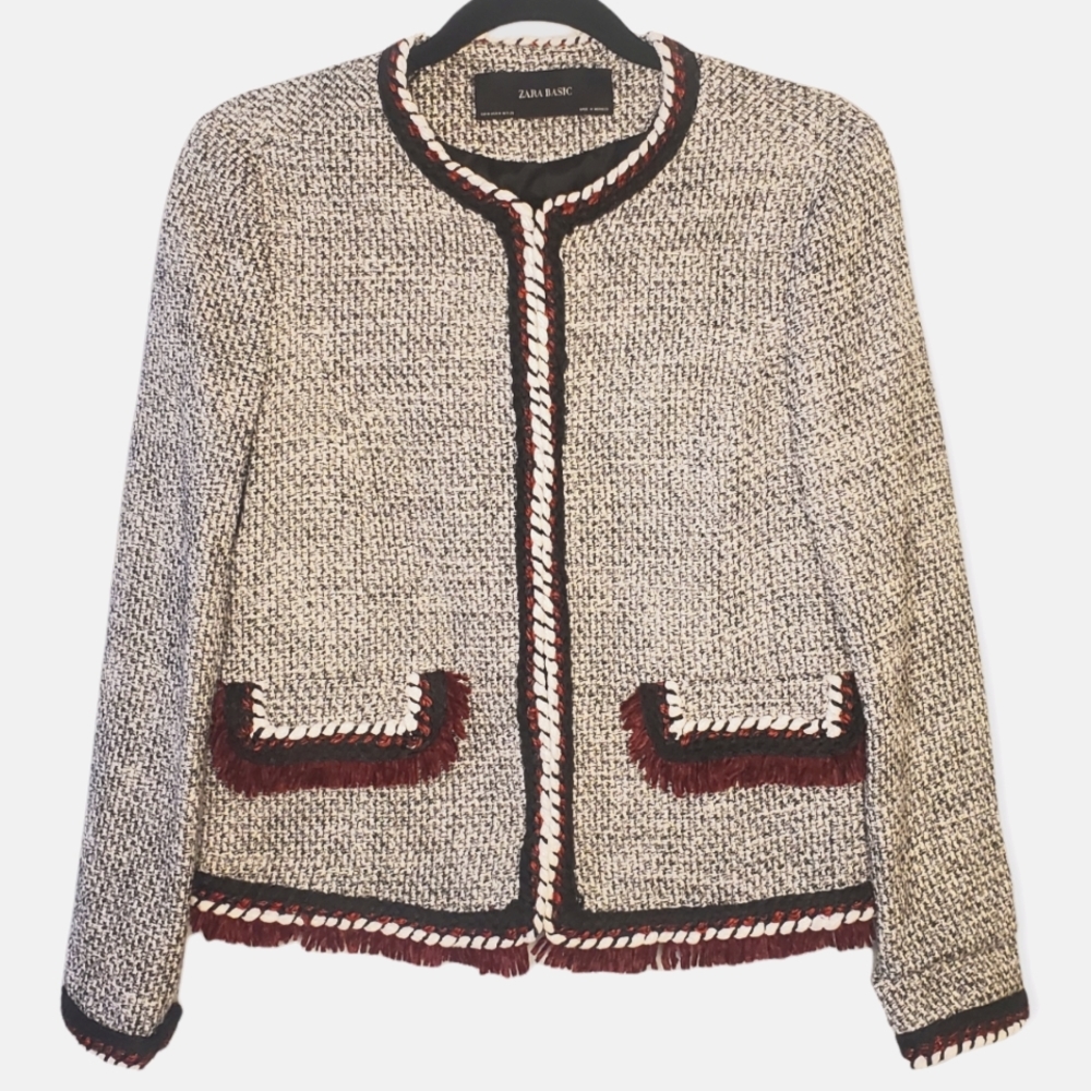 Zara Basic Tweed Jacket Blazer with Chenille Trim Size Medium